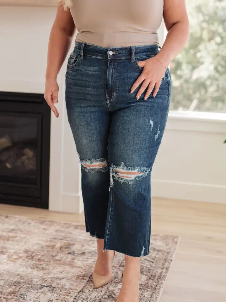 *Judy Blue High Rise Distressed Wide Leg Crop Jeans