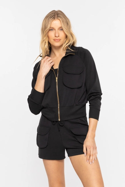 *CROPPED MOCK NECK ZIP UP JACKET - BLACK