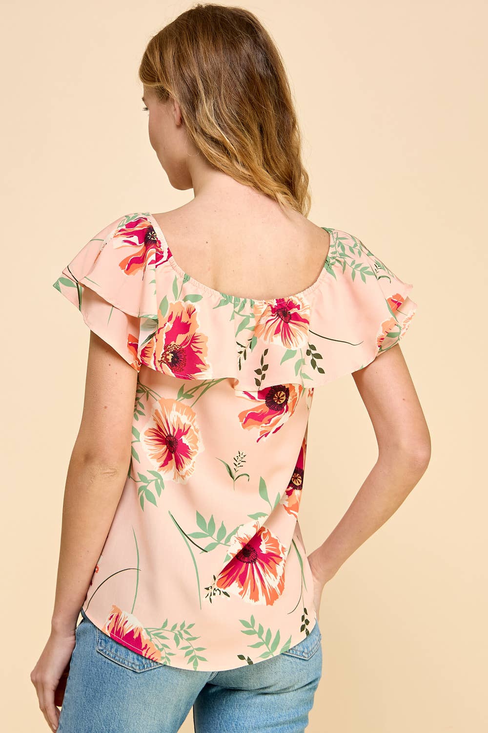 *Floral Printed Off Shoulder Top - Peach