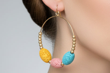 *Gold Hoop with Multi Color Wood Beads