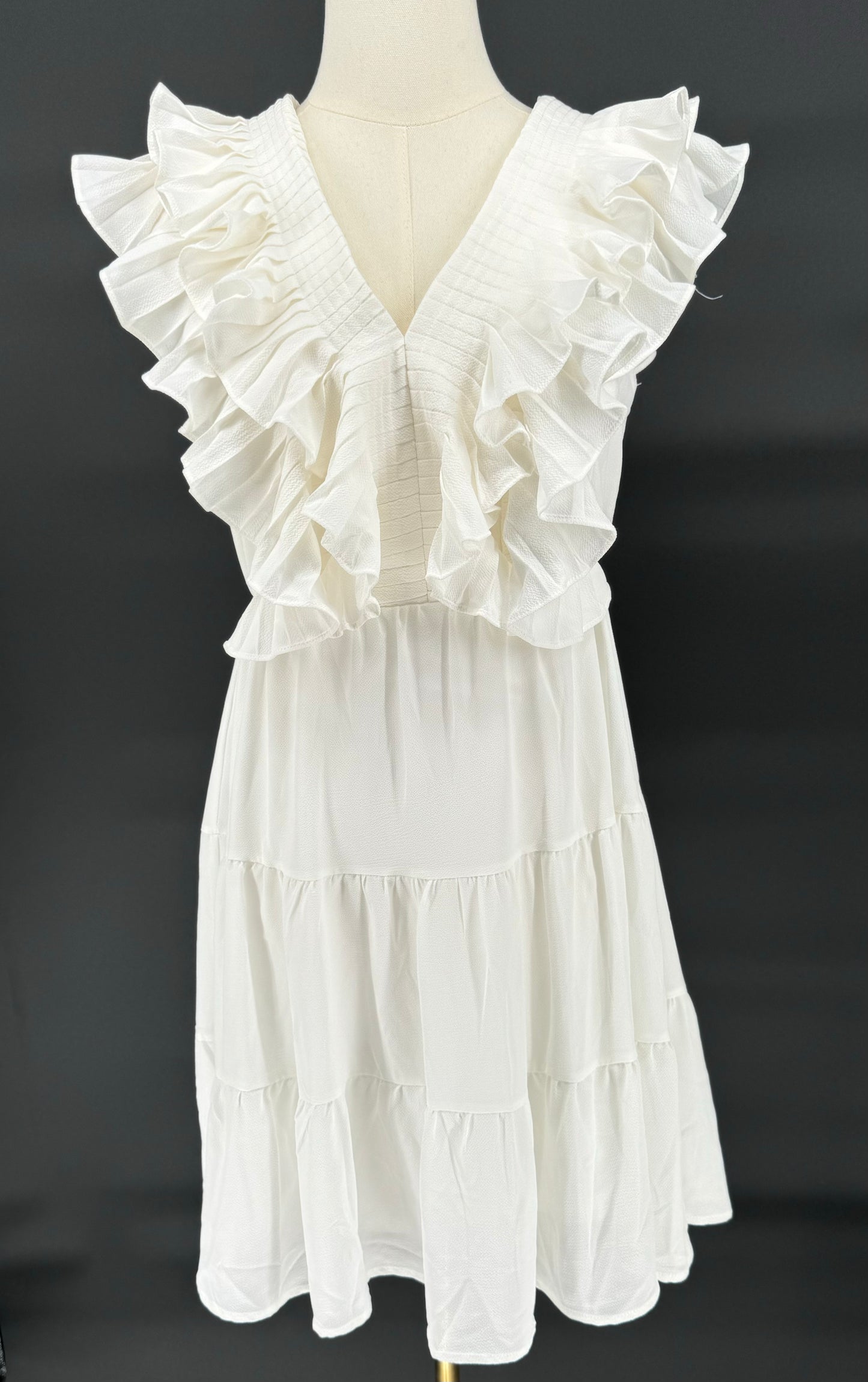*Sleeveless Pleated Ruffle Woven Tiered Neck Dress
