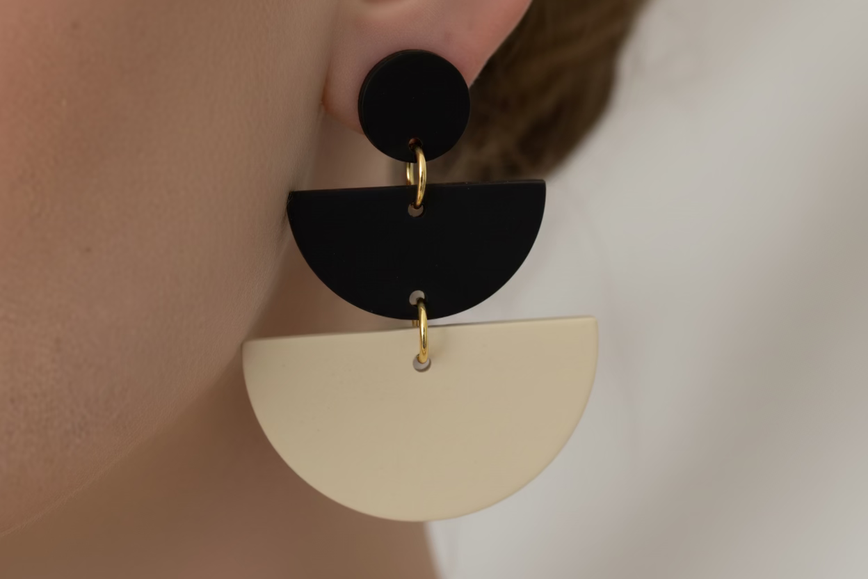 *Black and White 1/2 circle wood earrings