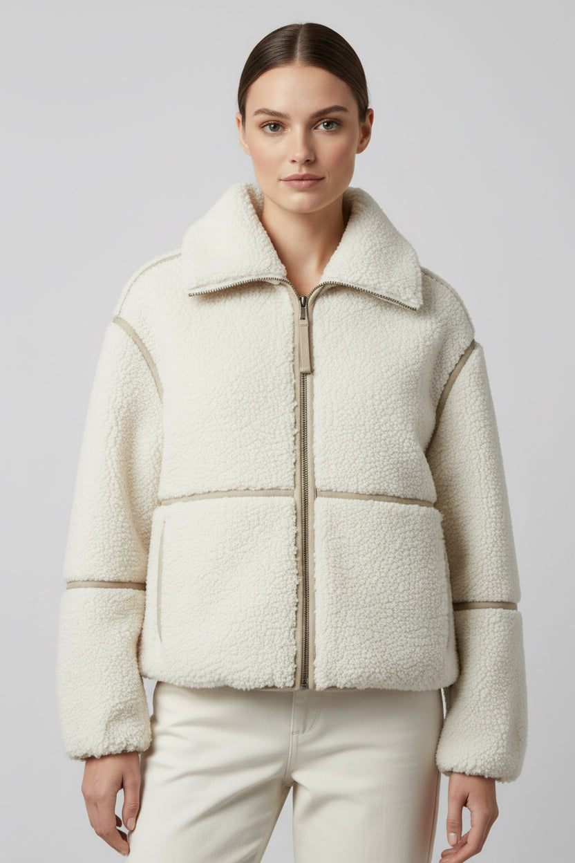 *Shearling Vegan Leather Trim Zip Jacket - Creme