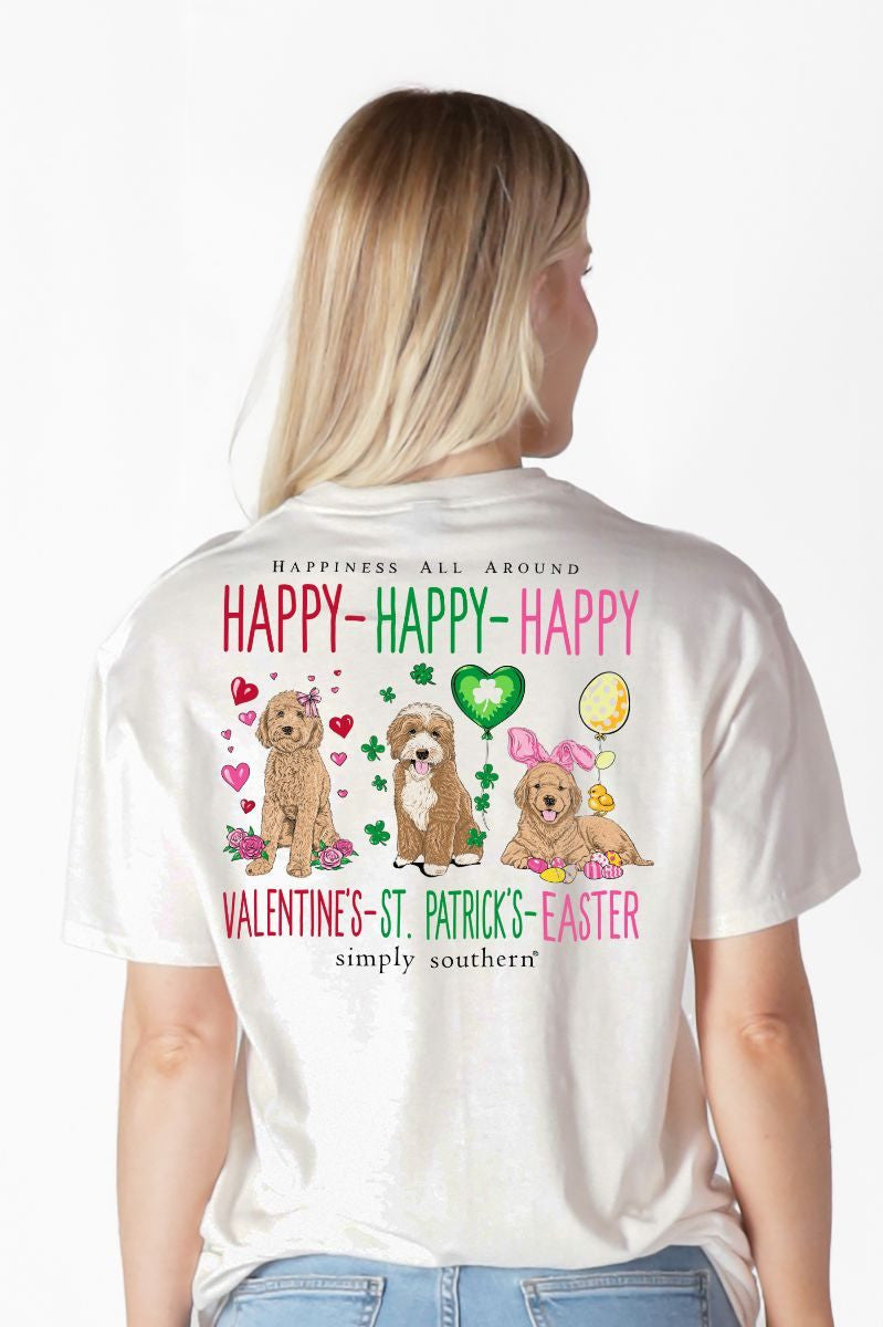 Happy-Happy-Happy Valentine's-St. Patrick's-Easter Tee