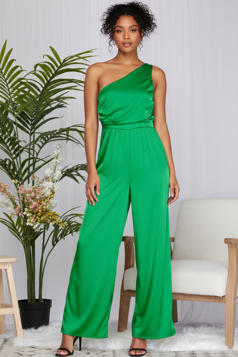 *GREEN SLEEVELESS ONE SHOULDER SATIN JUMPSUIT