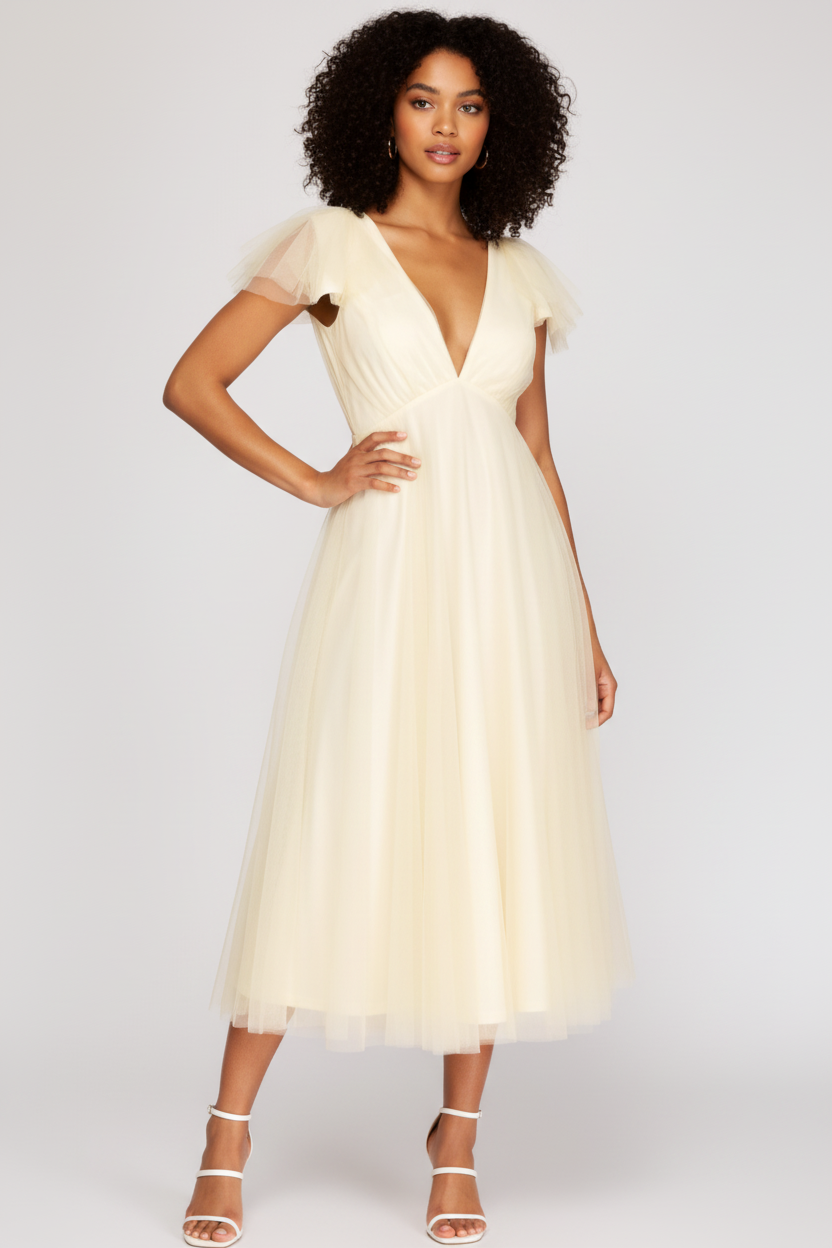 *RUFFLED SHORT SLEEVE TULLE MIDI DRESS - CREAM