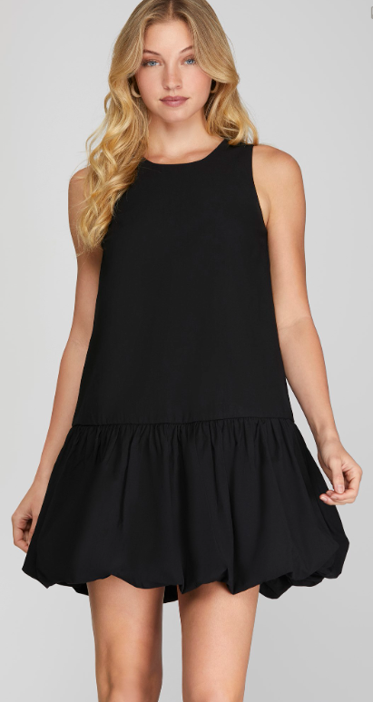 *BLACK SLEEVELESS WOVEN BUBBLE HEM DRESS