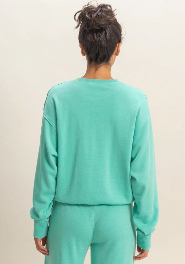 Raw Edge Detail Burnout Sweatshirt - Turquoise