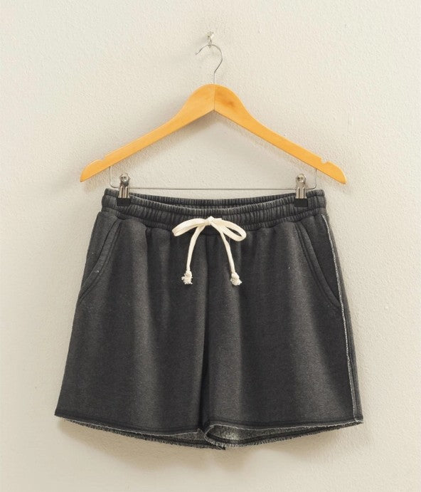 Drawstring Burnout French Terry Shorts - Black