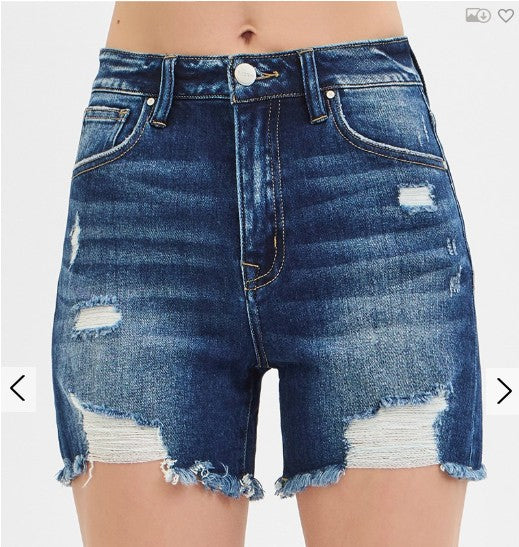 High Rise Distressed Mid Thigh Shorts