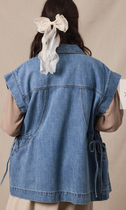 DENIM BUTTON-UP VEST WITH SIDE TIES