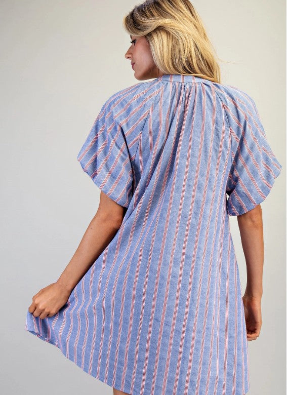 V-Neck Striped Puff Sleeve Mini Dress