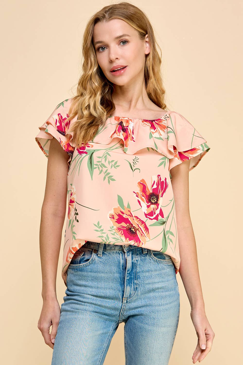 *Floral Printed Off Shoulder Top - Peach