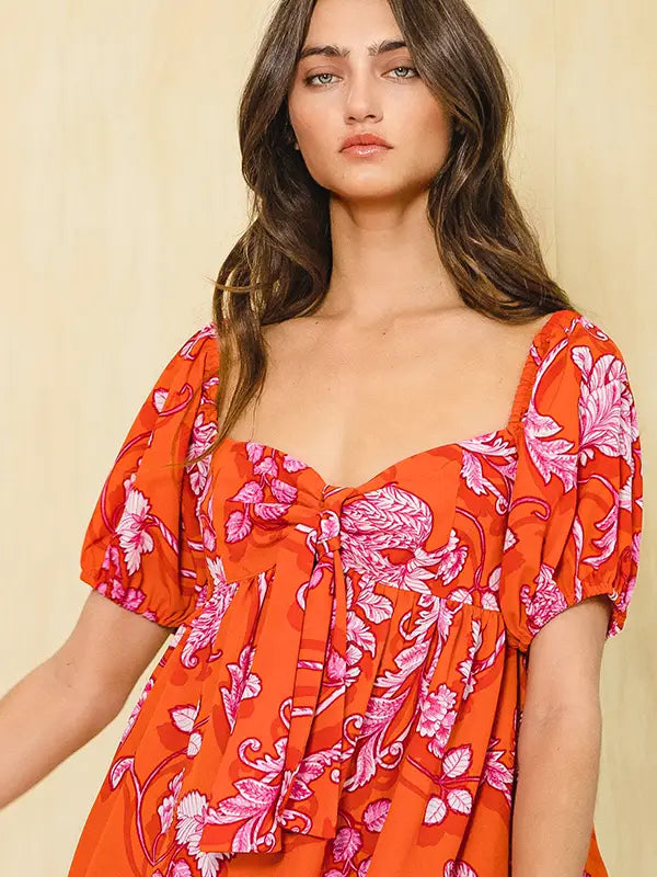 *Sweetheart Neckline Floral Print Babydoll Mini Dress