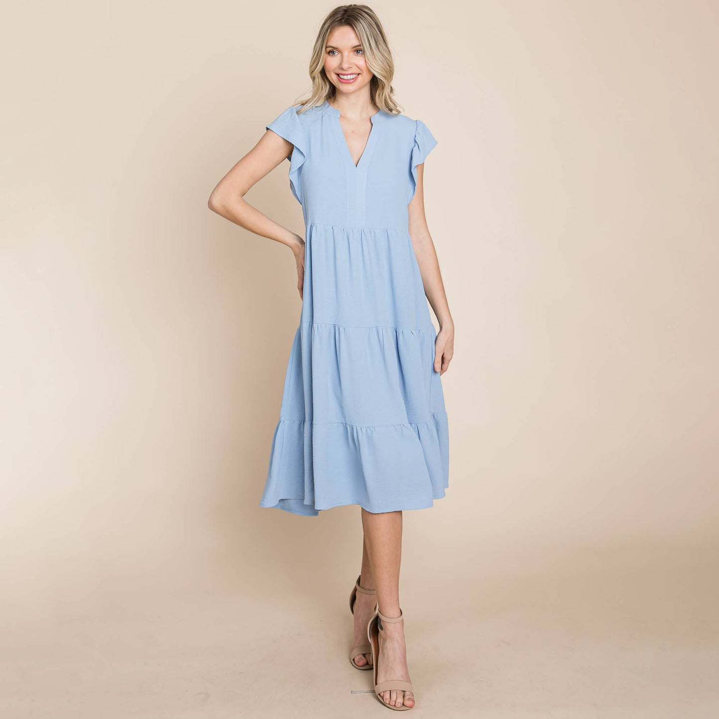 *Plus Size Ruffle Sleeve V neck Tiered Midi Dress