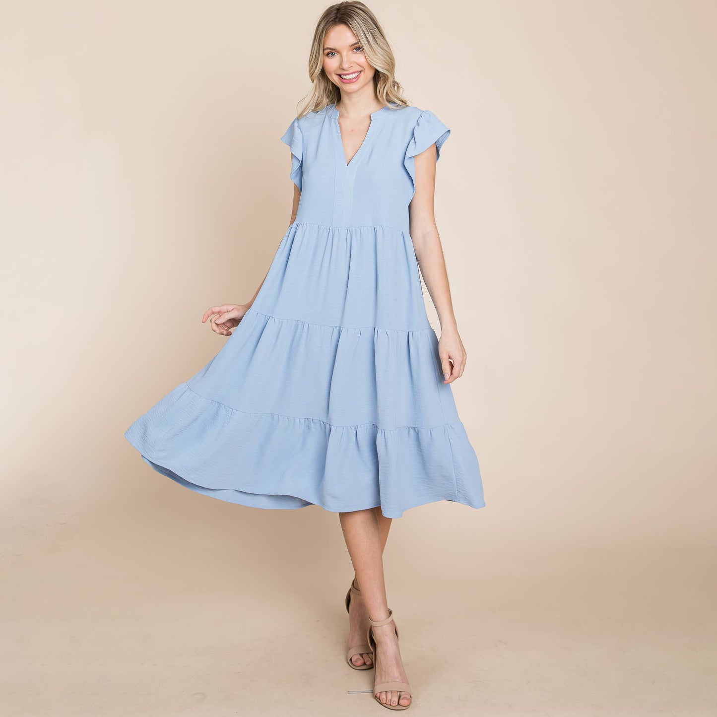 *Plus Size Ruffle Sleeve V neck Tiered Midi Dress