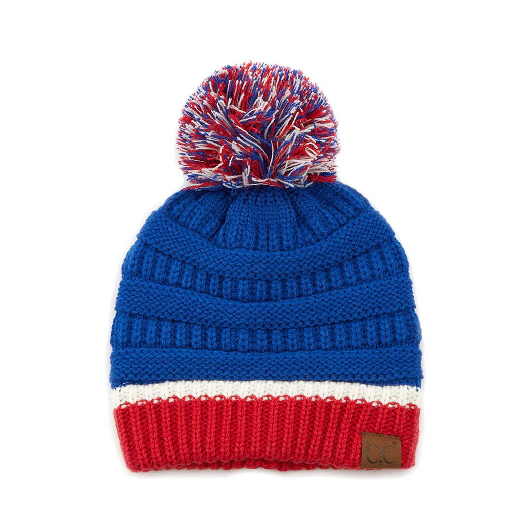 *Red, White and Blue - Colorblock Ribbed Beanie with Pom