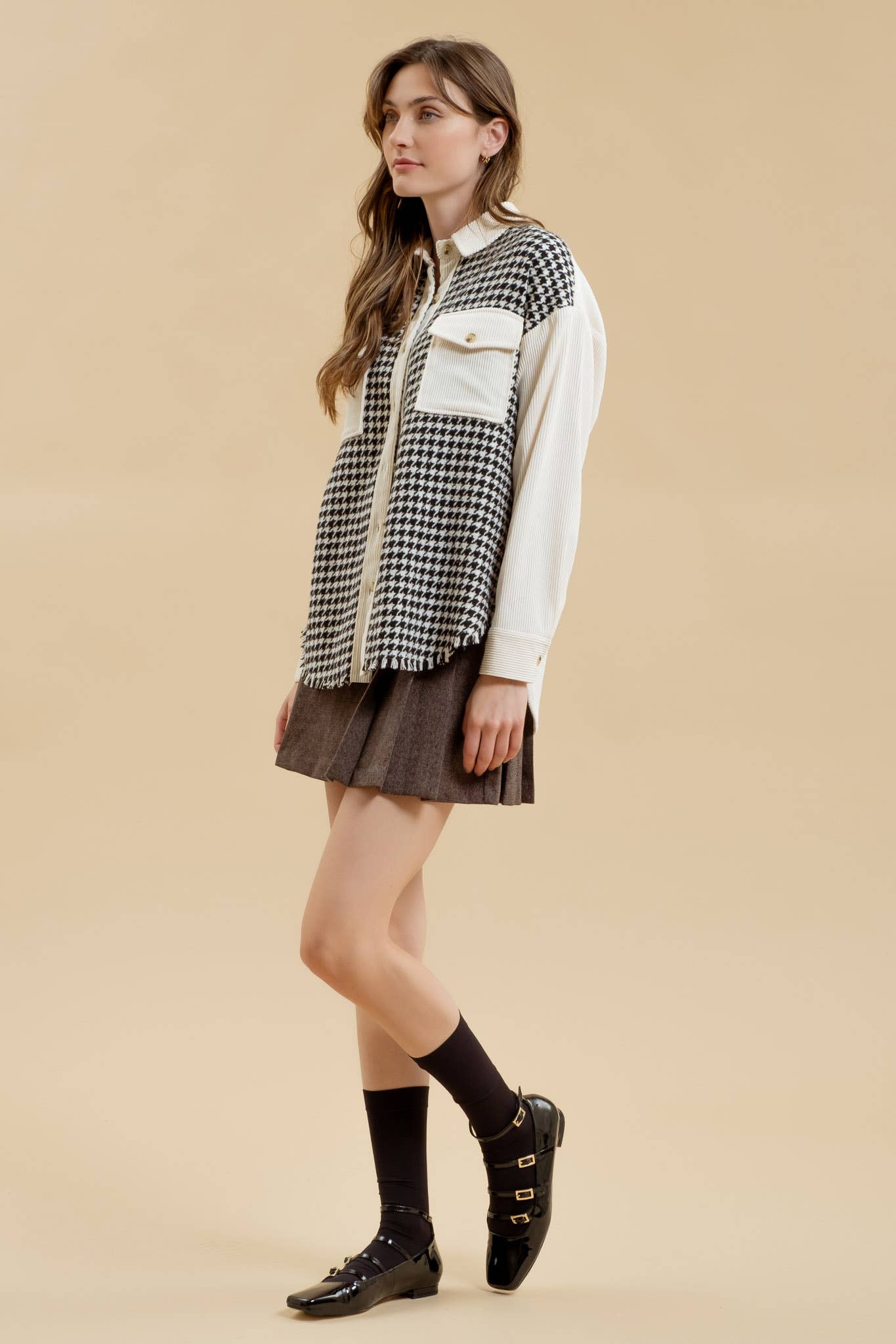 *BLACK COLORBLOCK HOUNDSTOOTH SHACKET