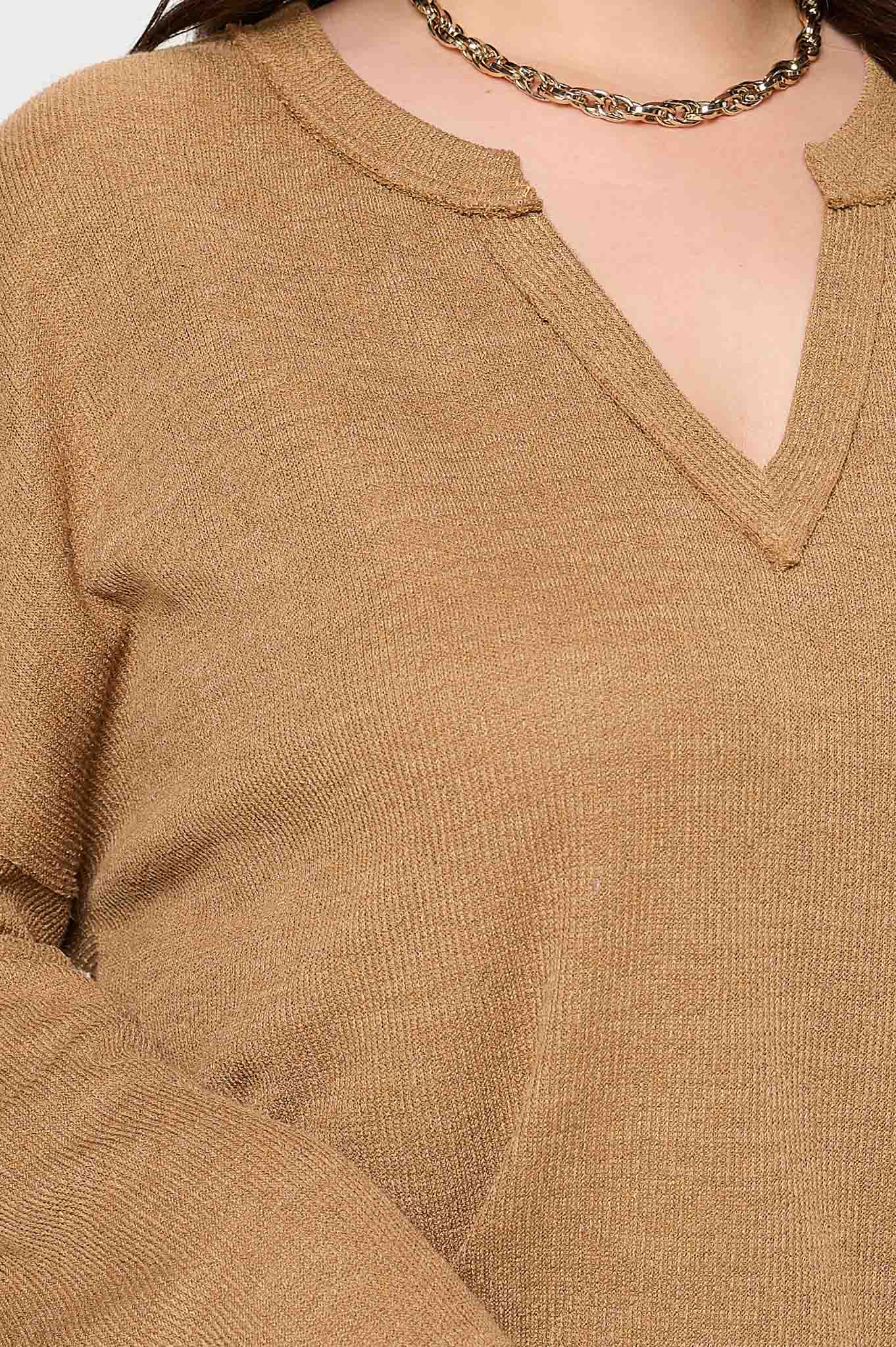 *PLUS SOLID NOTCH NECK KNIT TOP - ALMOND