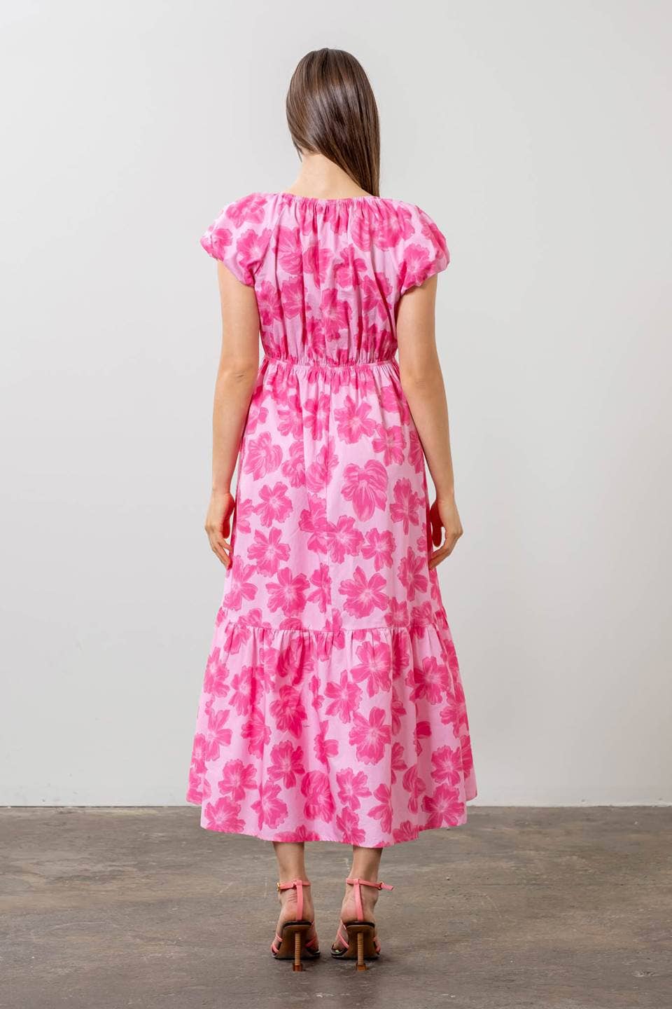 *PUFF SLEEVE FLOAL V NECK MIDI DRESS