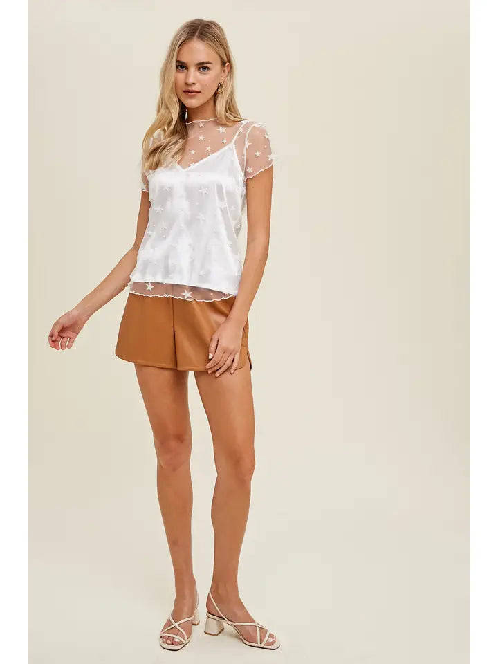 *WHITE VELVET STAR DETAIL MESH TOP WITH CAMI INSERT