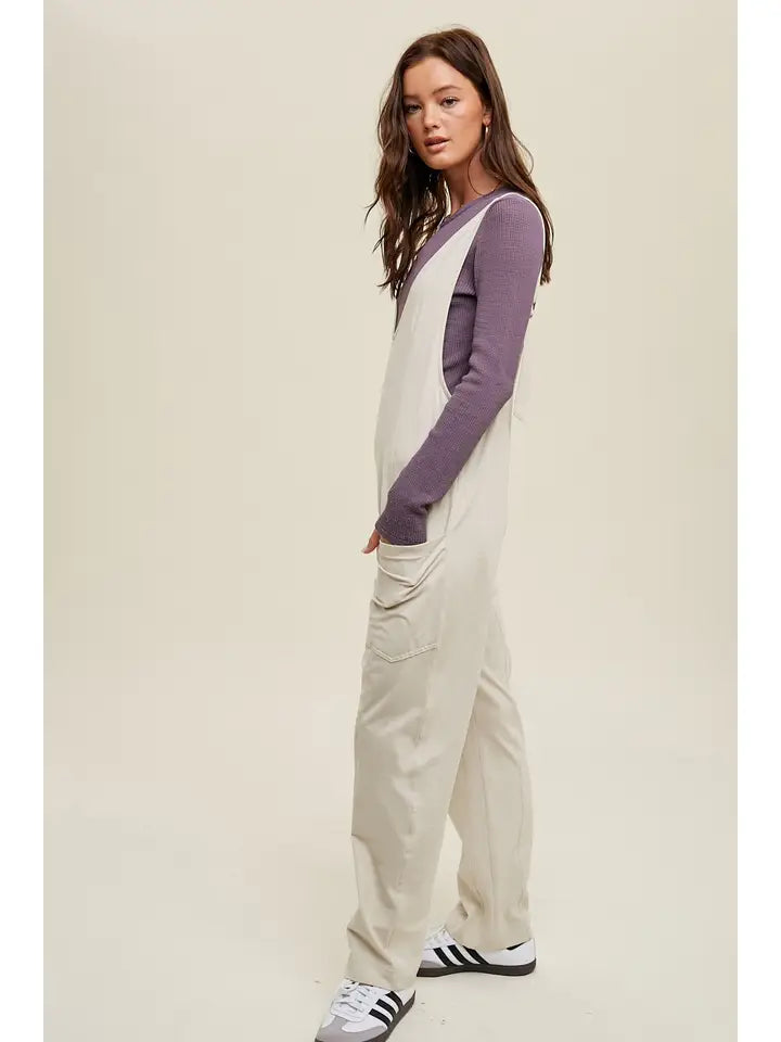 *ECRU KNIT OPEN BACK JUMPSUIT WITH POCKETS