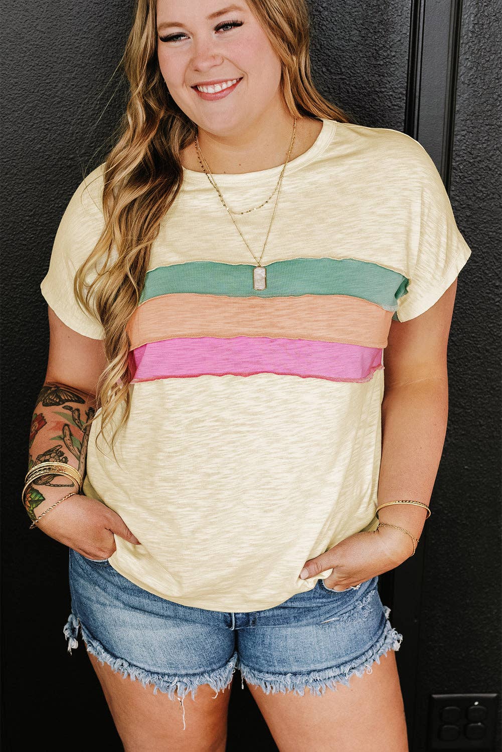 *White Color Block Patchwork Plus Size T Shirt