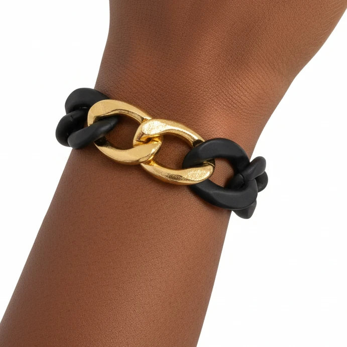 *CHUNKY ACRYLIC AND GOLD CHAIN LINK BRACELET - BLACK