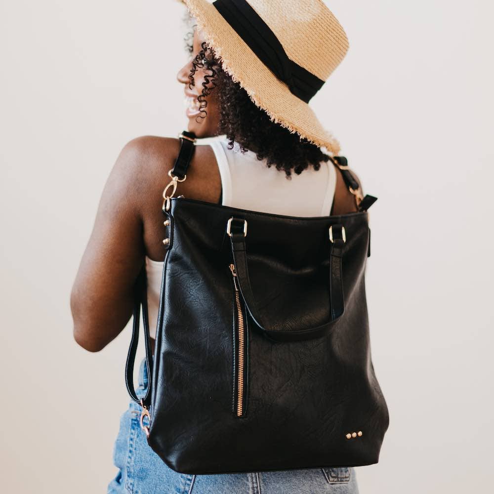 *Black Upper East Side Vegan Leather Backpack & Crossbody Tote Bag