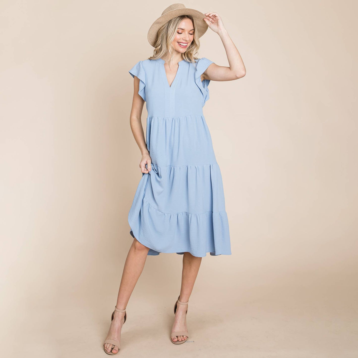 *Plus Size Ruffle Sleeve V neck Tiered Midi Dress