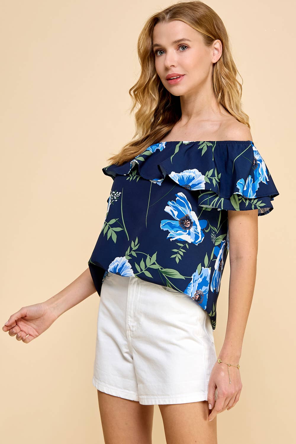 *Floral Printed Off Shoulder Top - Peach