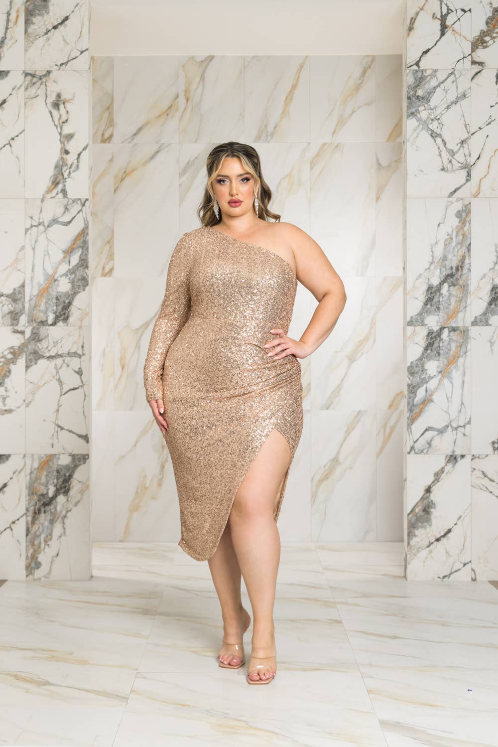 *ONE SHOULDER SEQUIN MIDI DRESS - CHAMPAGNE *ONE SHOULDER SEQUIN MIDI DRESS - CHAMPAGNE