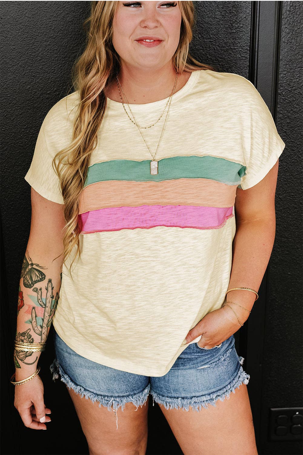 *White Color Block Patchwork Plus Size T Shirt