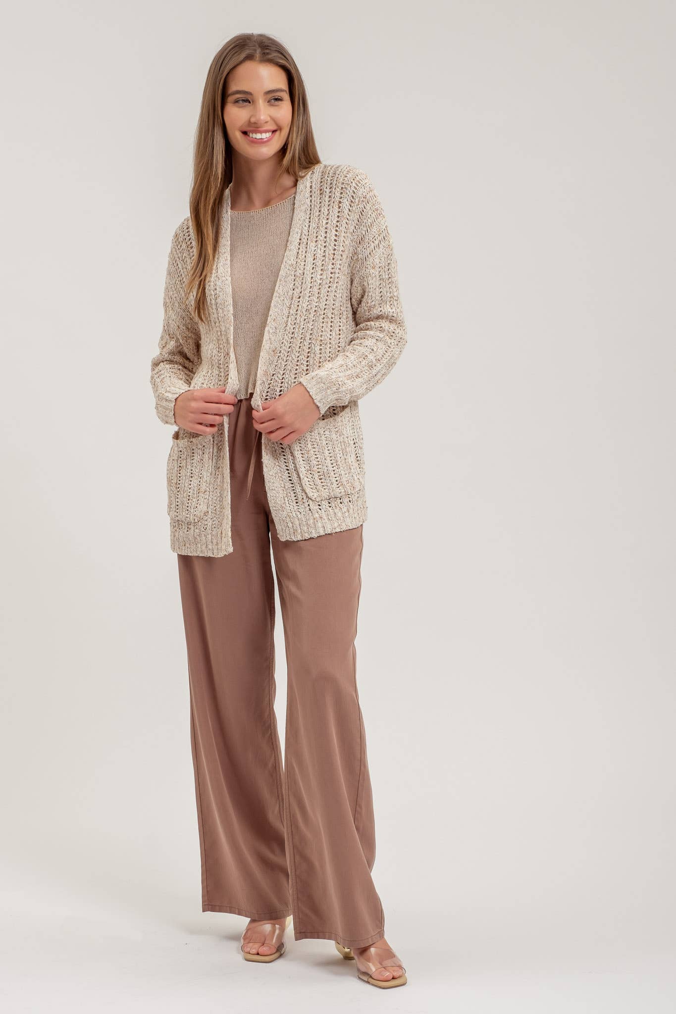 *SPLIT HEM CROCHET KNIT CARDIGAN