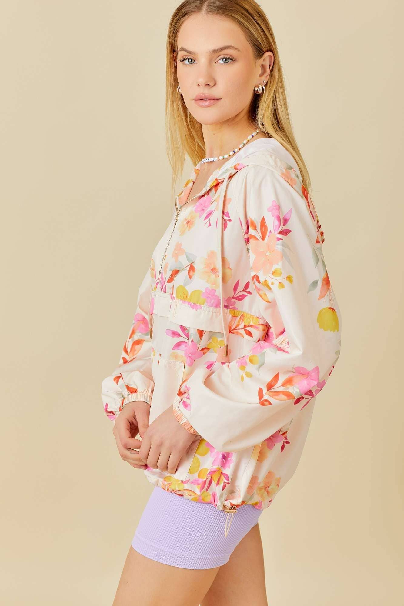 *Floral Print Hoodie Windbreaker