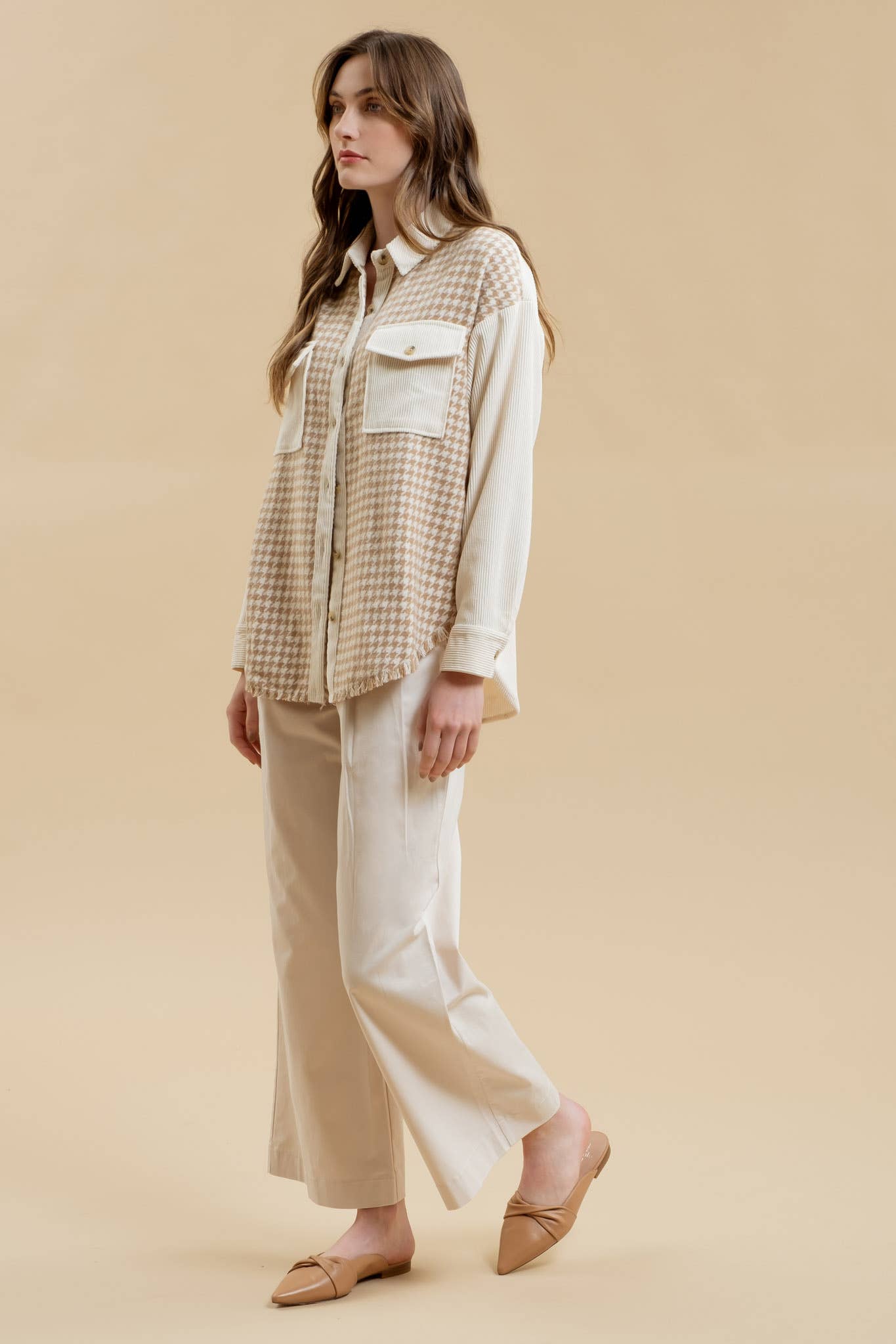 *KHAKI COLORBLOCK HOUNDSTOOTH SHACKET