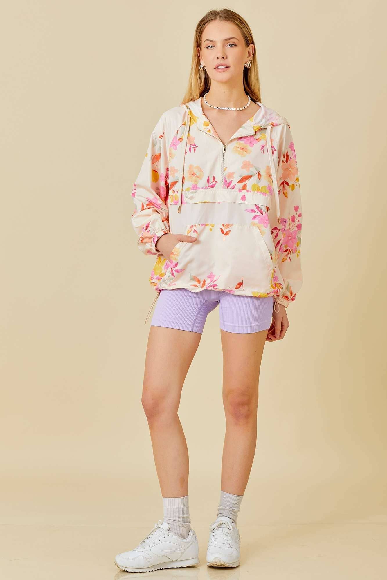 *Floral Print Hoodie Windbreaker