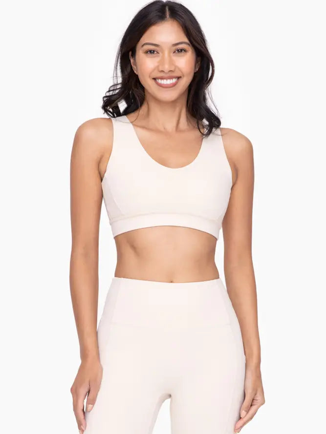 *BRONZE - NEWPORT CUTOUT OVERLAY BACK PERFORMACE SPORT BRA - NATURAL