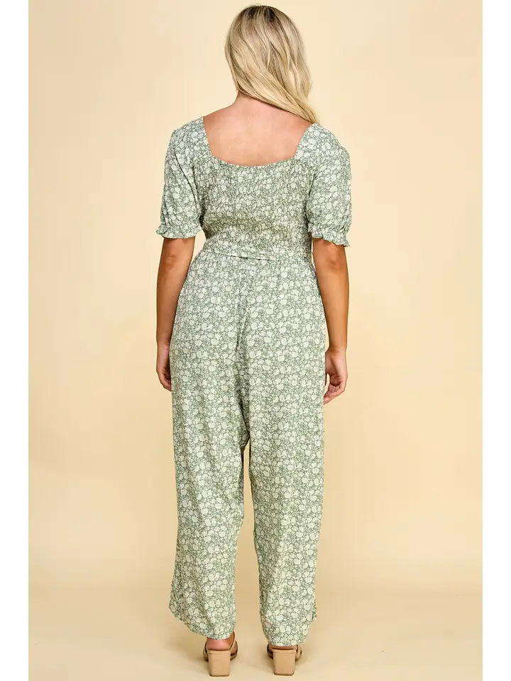 *Plus Size Smocked Top Pegged Leg Gaucho Jumpsuit