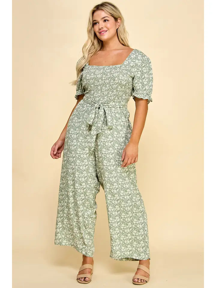 *Plus Size Smocked Top Pegged Leg Gaucho Jumpsuit