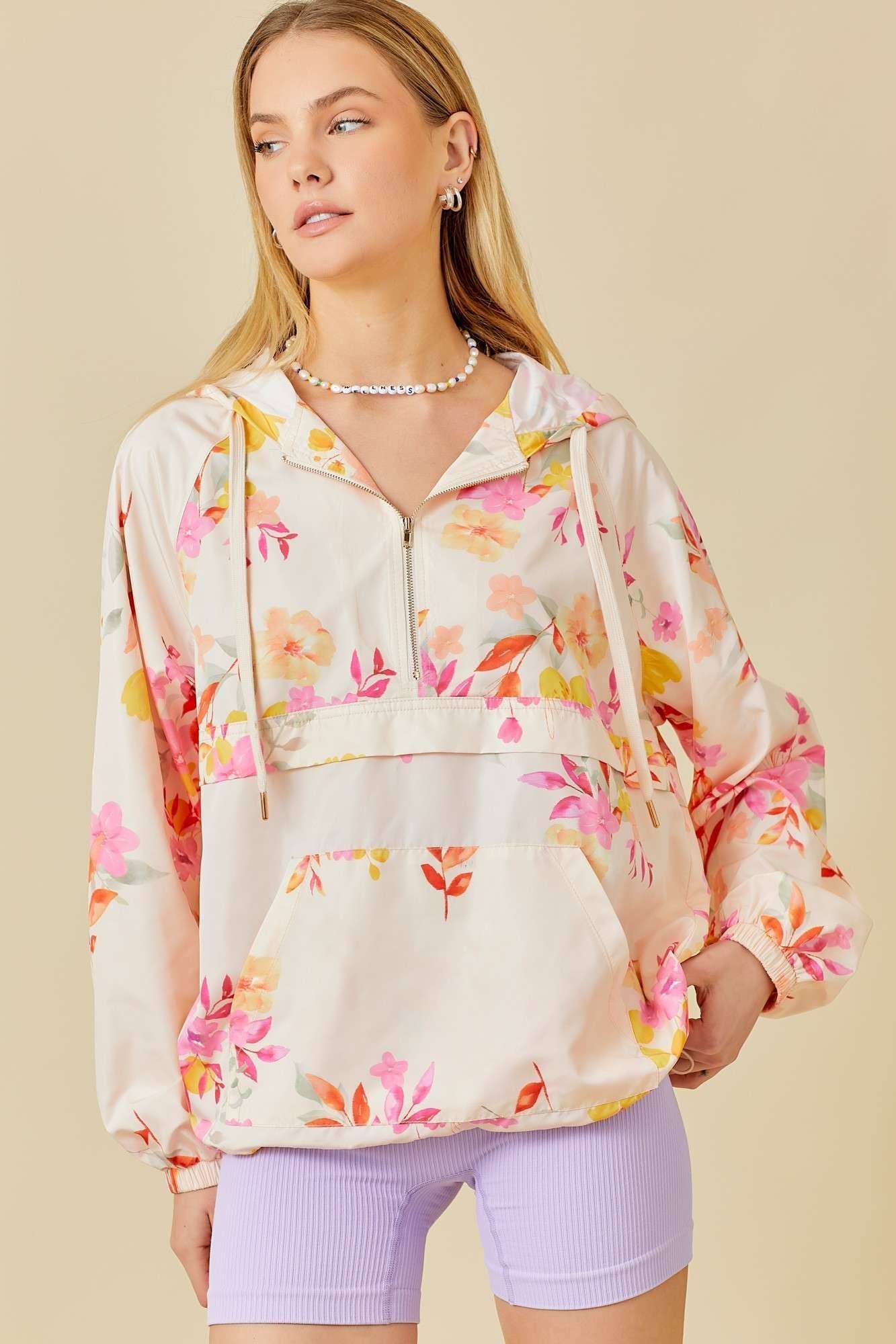 *Floral Print Hoodie Windbreaker