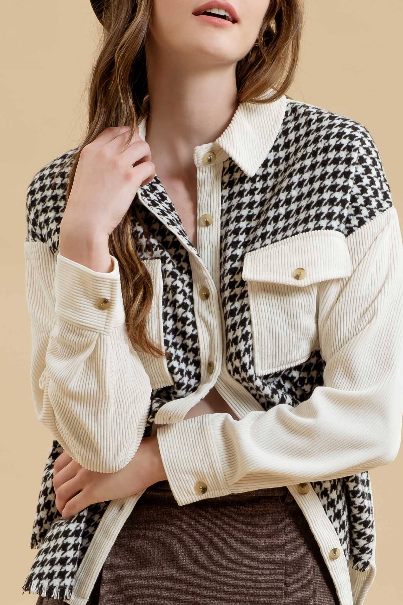 *BLACK COLORBLOCK HOUNDSTOOTH SHACKET