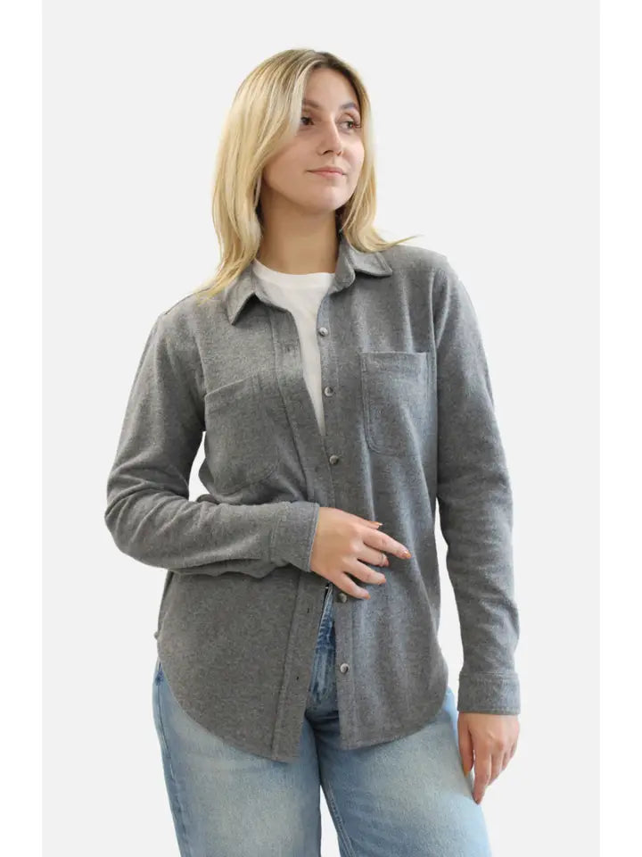 *SALLY Long Sleeve Button Front Shirt Jacket - Dark Heather Grey