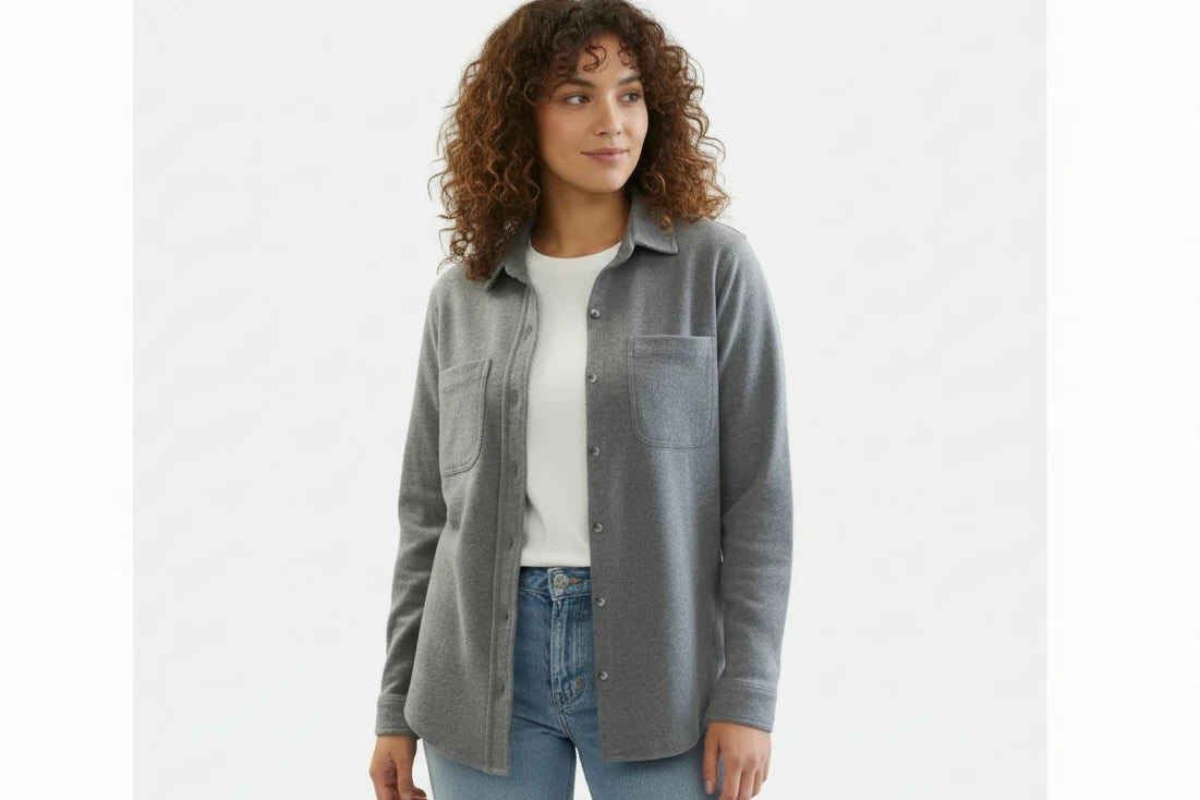 *SALLY Long Sleeve Button Front Shirt Jacket - Dark Heather Grey
