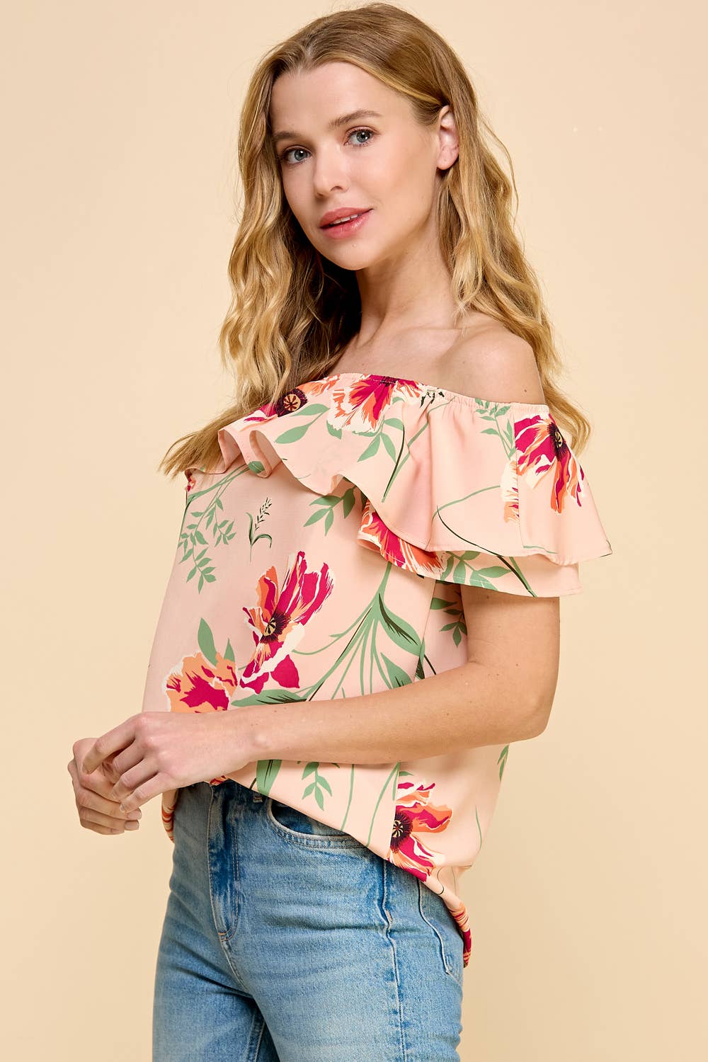 *Floral Printed Off Shoulder Top - Peach