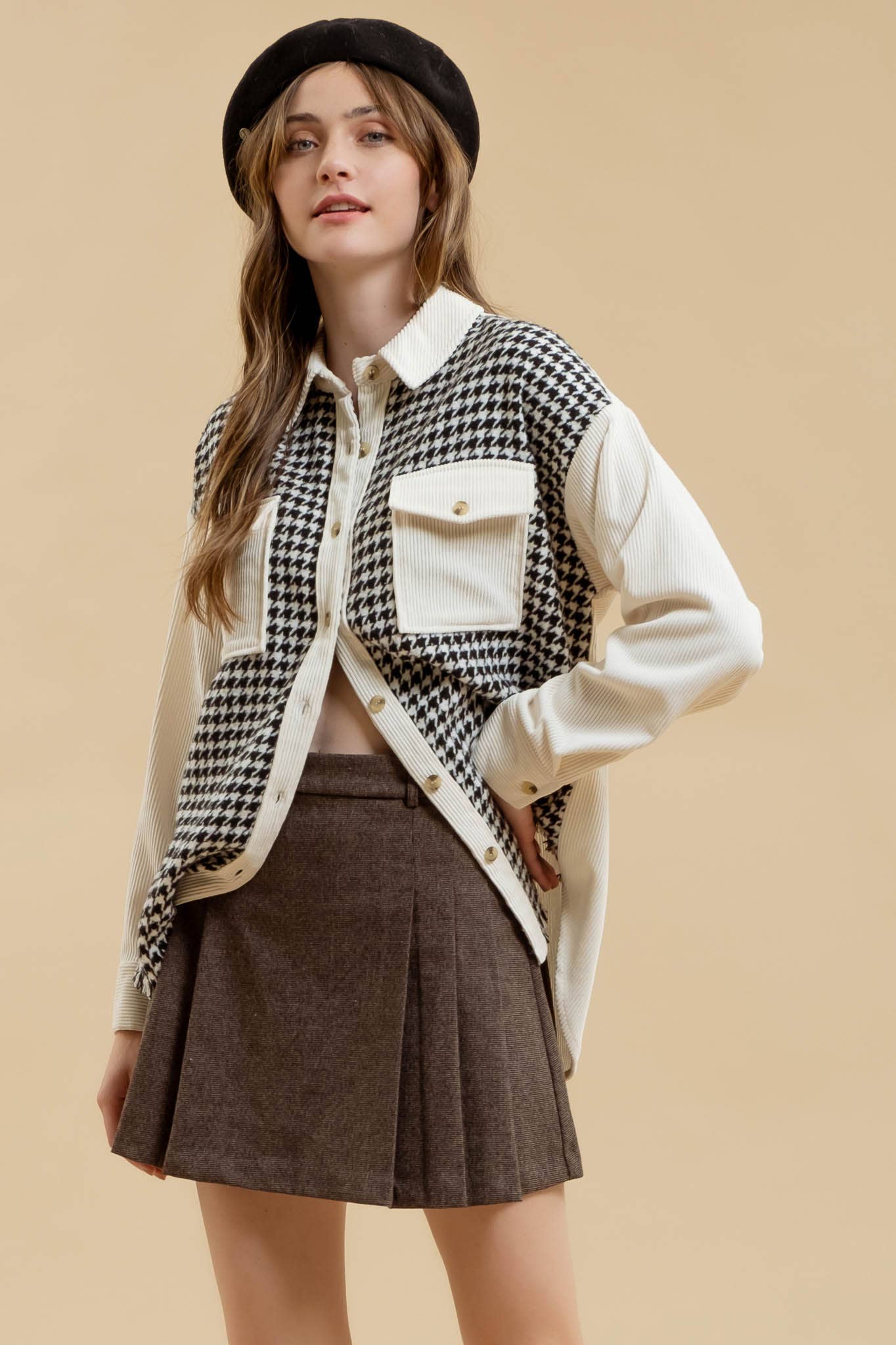 *BLACK COLORBLOCK HOUNDSTOOTH SHACKET