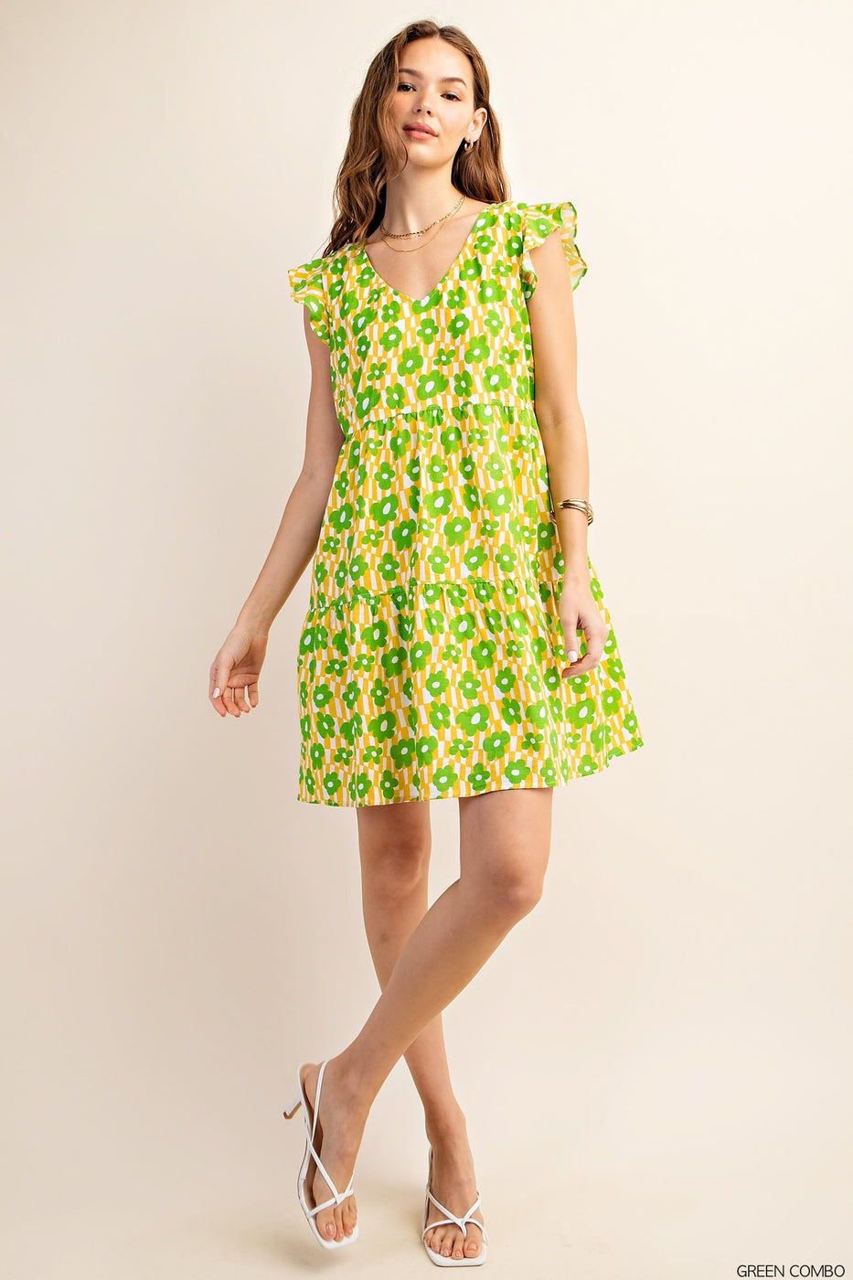 *V NECK LINED SIDE POCKET TIERED FLORAL MINI DRESS