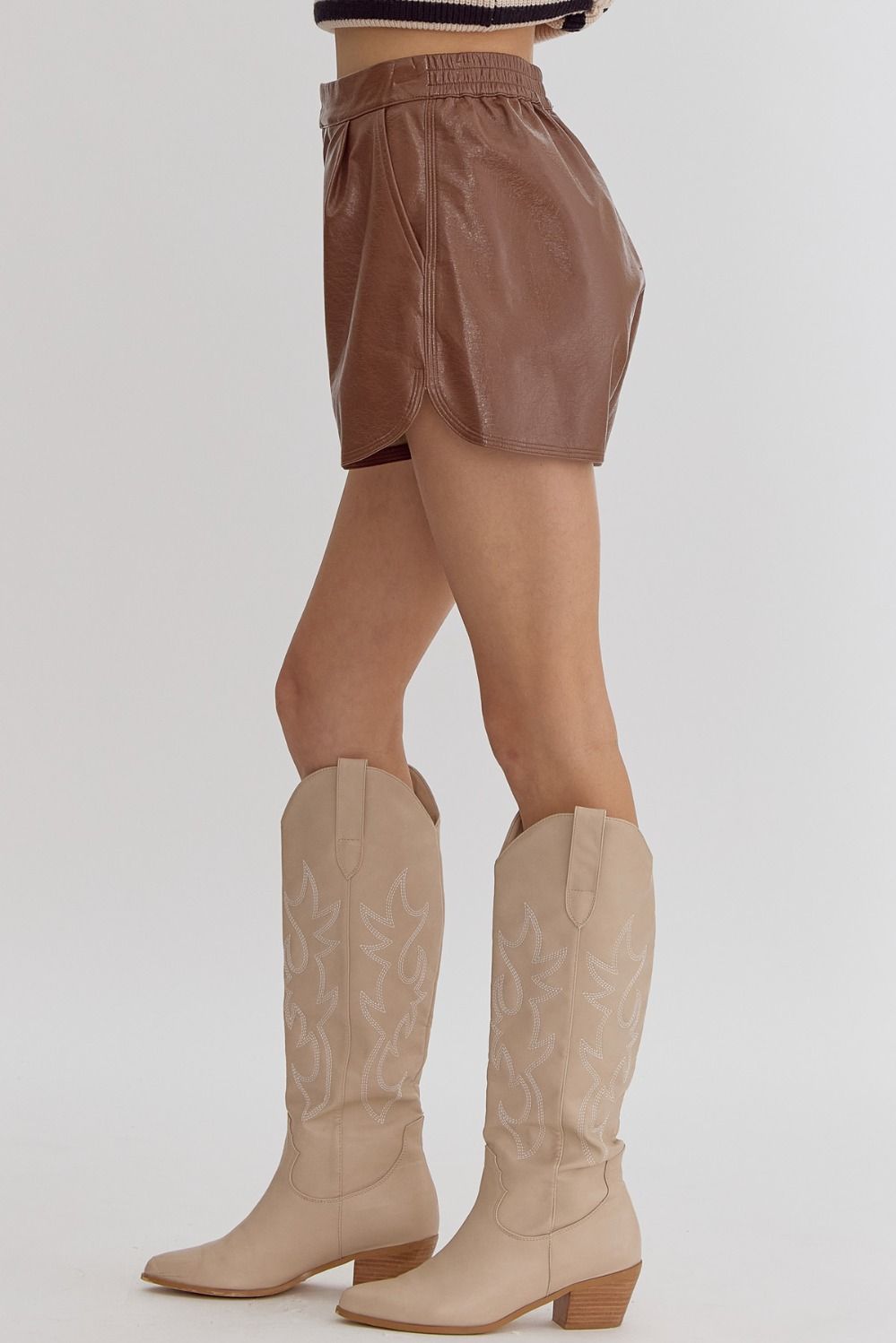 *Brown Metallic Texture High-Waisted Shorts