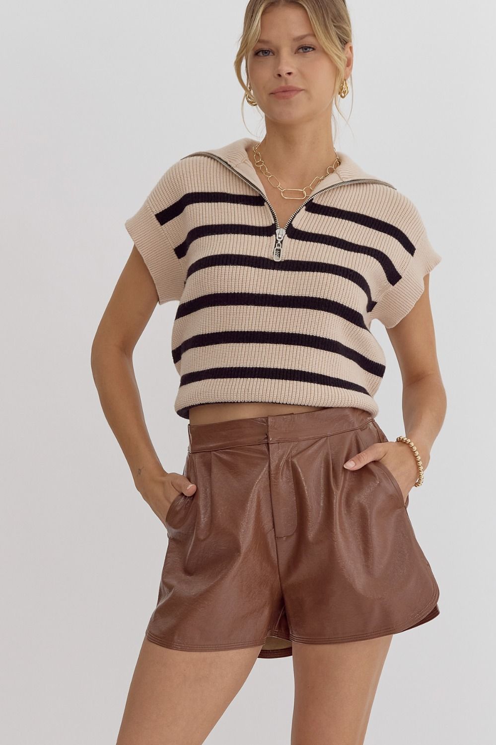 *Brown Metallic Texture High-Waisted Shorts - Main Image