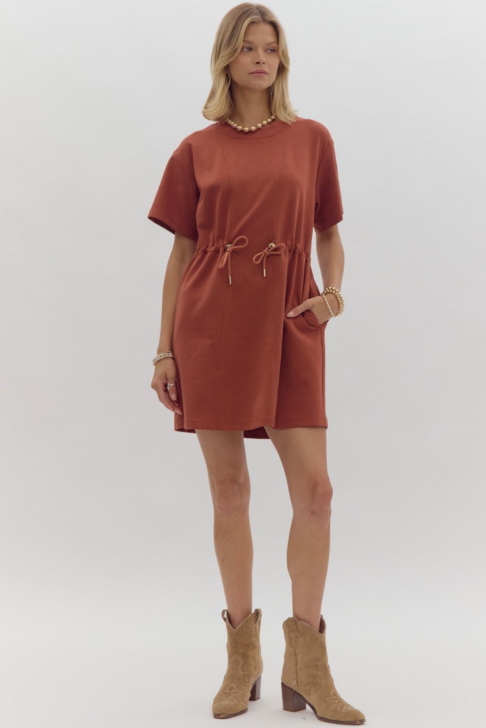 *Solid Round Neck Short Sleeve Mini Dress - Chestnut